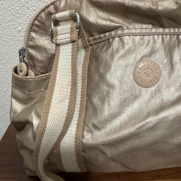 Kipling Metallic Champagne Shoulder Bag with Cream & Tan Striped Straps - Picture 2 of 12
